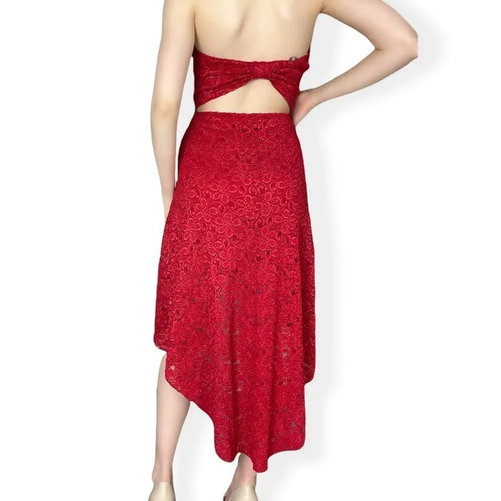3/$30 ⭐️ 90s Sparkly Lace Red High Low Strapless Dress Open Back - Picture 3 of 6
